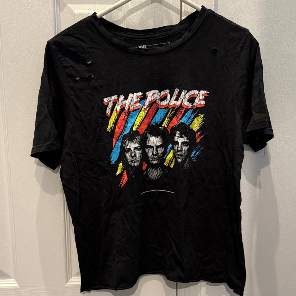 Police Retro Brand Black distressed T-Shirt. Size medium